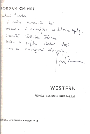 Dedicaţia autorului pentru prietenul său din liceu Gheorge (Babu) Ursu.